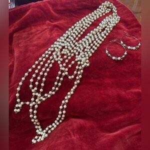 Opera Length Faux Pearl Necklace and Earrings